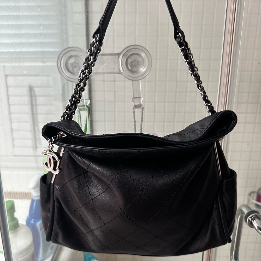 Authentic Chanel Hobo Quilted Flapover Bag Black Leather